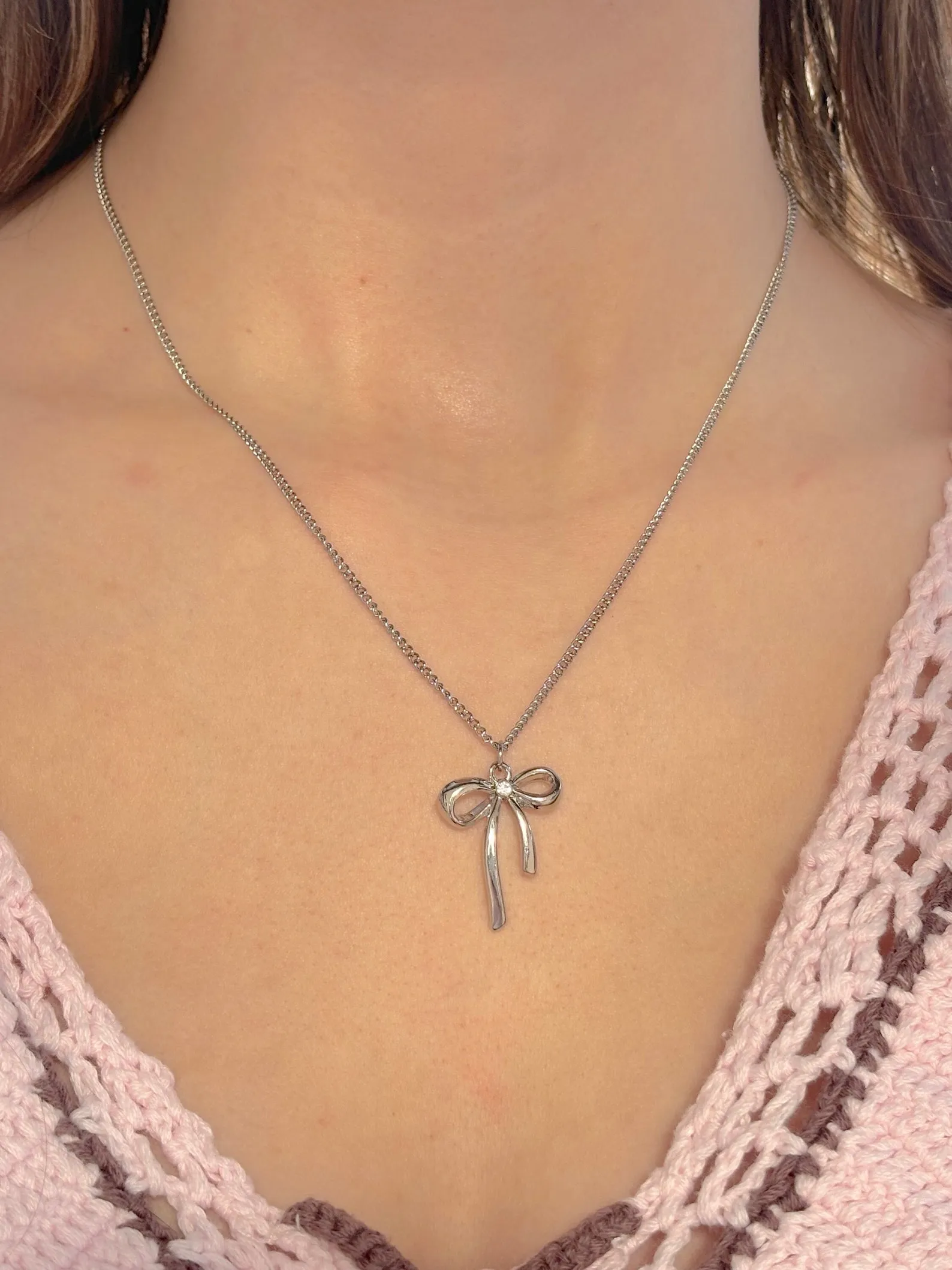 Stainless Steel Bow Pendant Necklace: Minimalist Coquette Jewelry, 16" Chain - Image 4