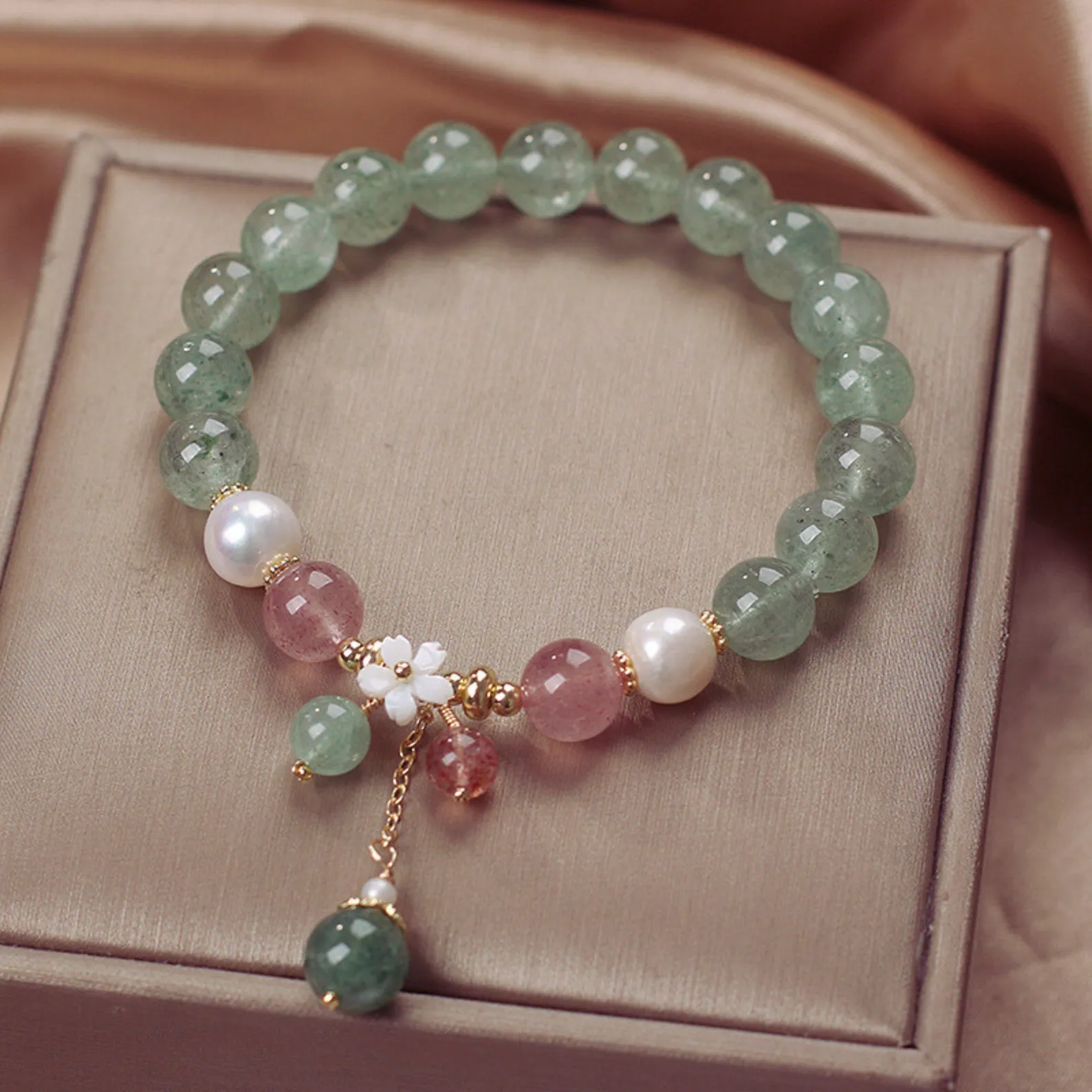 Flower Beaded Bracelet For Women/Green Strawberry Quartz Bracelet - Image 2