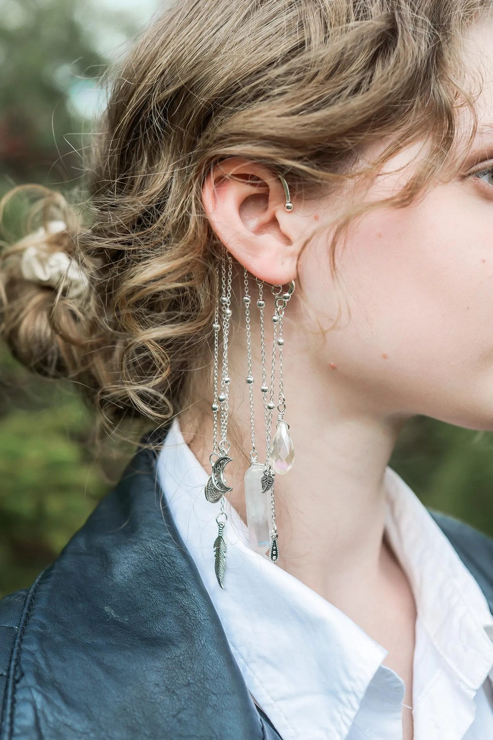 Chain Ear Cuff, Boho Ear Cuff with Chains and Crystal