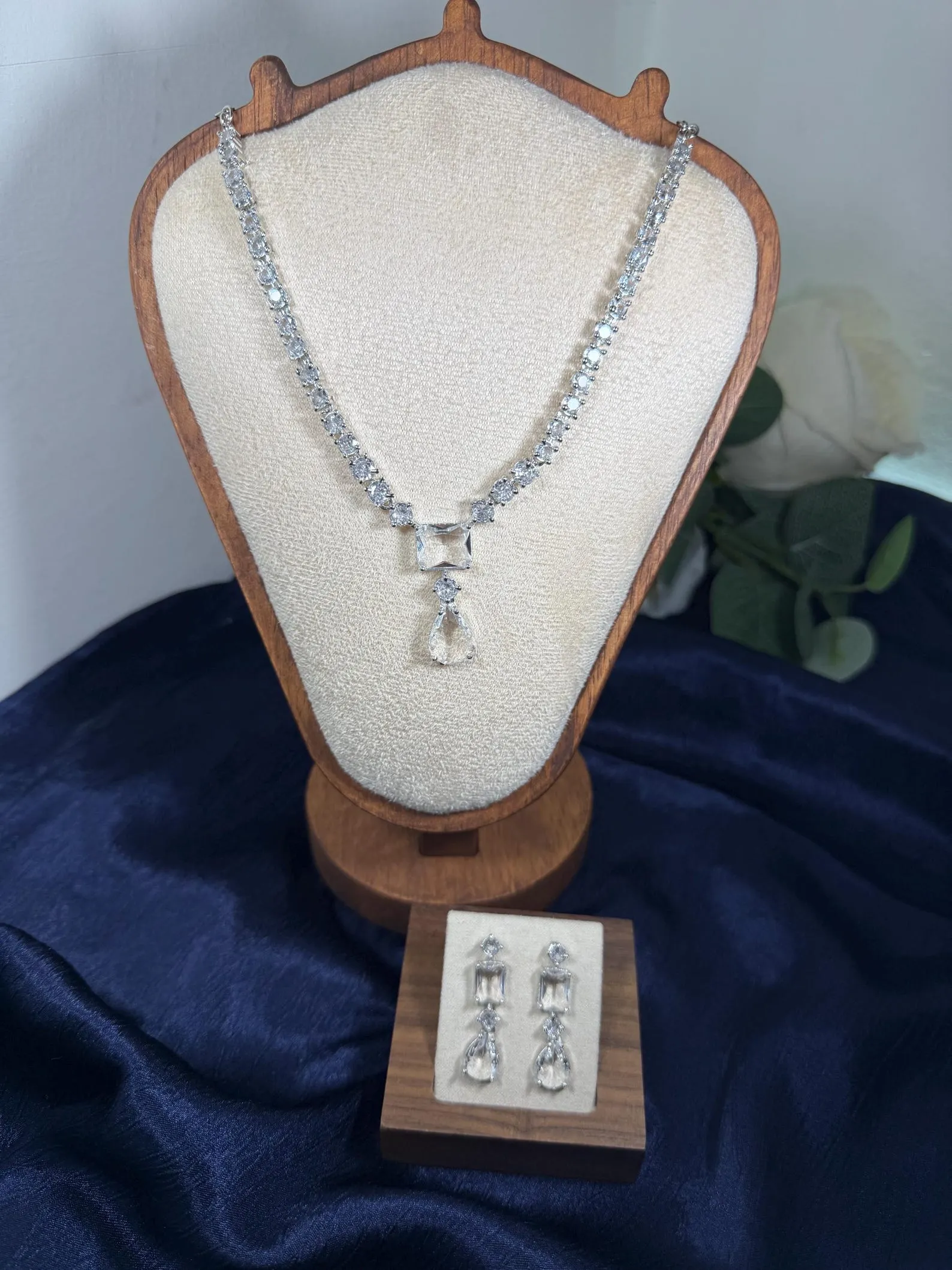 Clear Crystal & Silver Necklace and Earrings Set