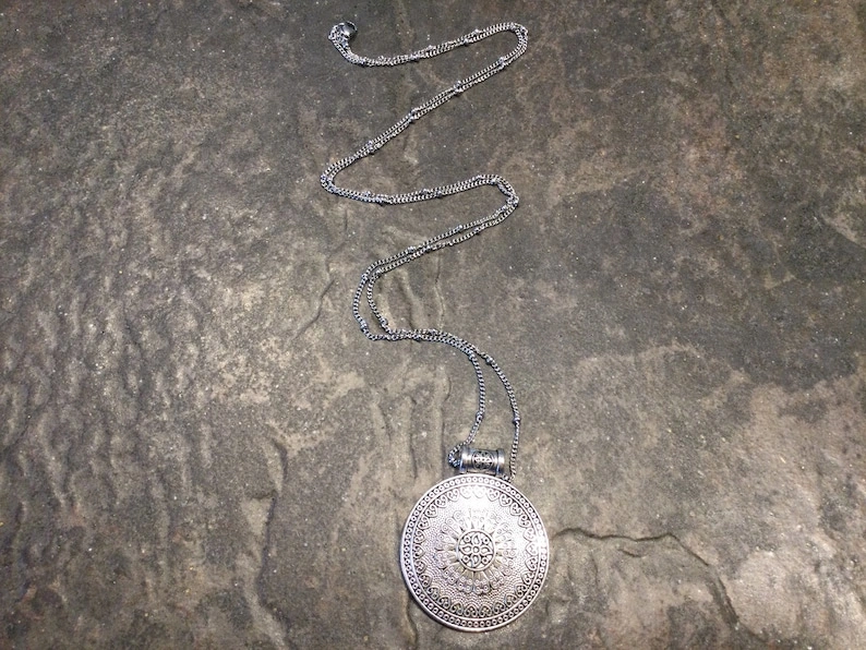 CLEARANCE Extra Long Silver Medallion Circle necklace with stainless steel Satellite chain