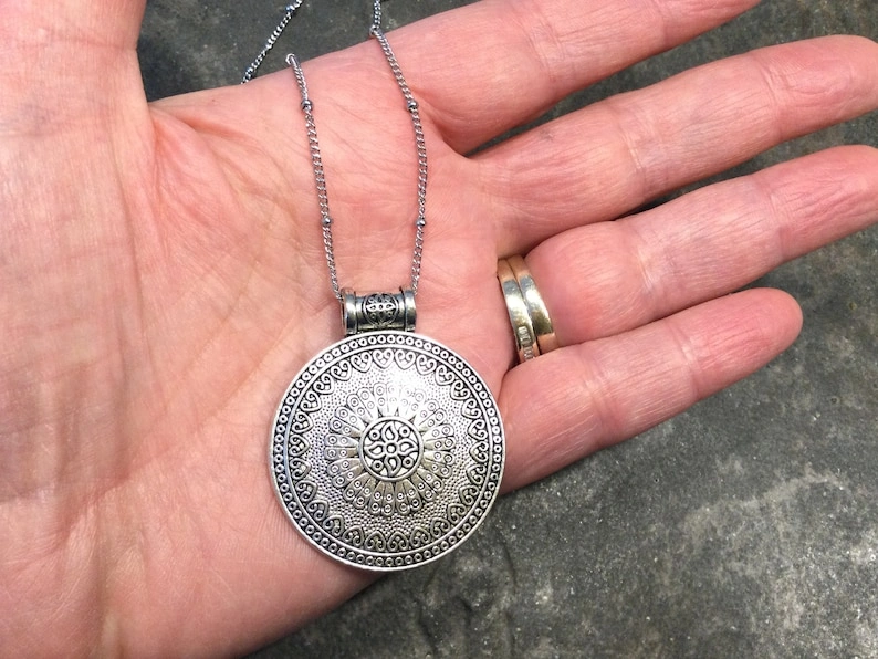CLEARANCE Extra Long Silver Medallion Circle necklace with stainless steel Satellite chain - Image 4