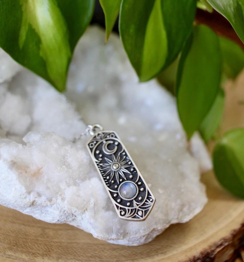 Silver Cosmic Moonstone Necklace, Sun Moon Stars Gemstone Jewelry, Celestial Gift