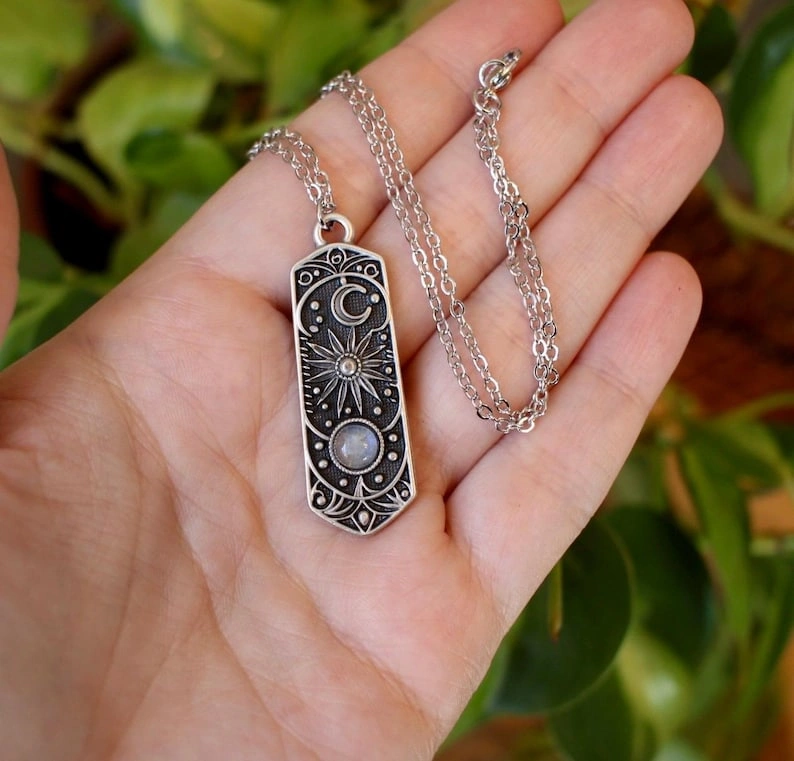Silver Cosmic Moonstone Necklace, Sun Moon Stars Gemstone Jewelry, Celestial Gift - Image 3