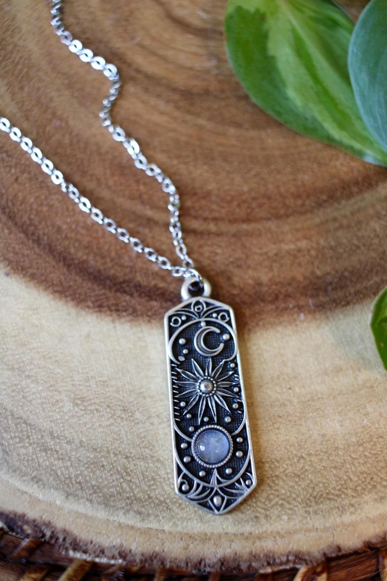 Silver Cosmic Moonstone Necklace, Sun Moon Stars Gemstone Jewelry, Celestial Gift - Image 2