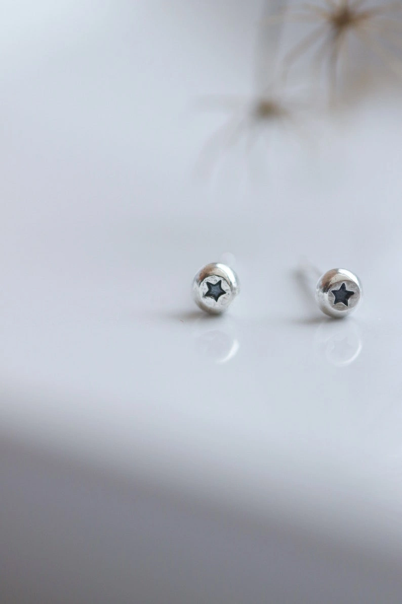 Tiny Recycled Sterling Silver Star Studs: Dainty Dot Earrings
