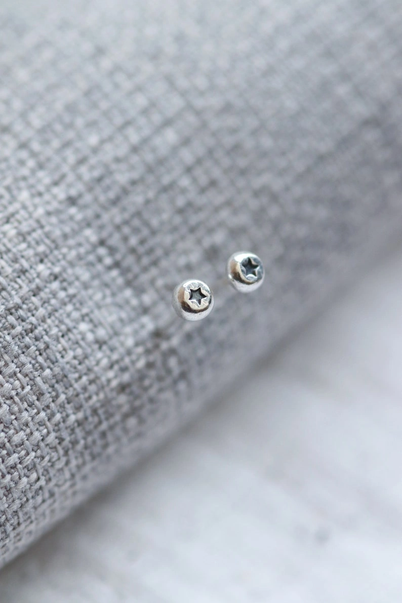 Tiny Recycled Sterling Silver Star Studs: Dainty Dot Earrings - Image 3