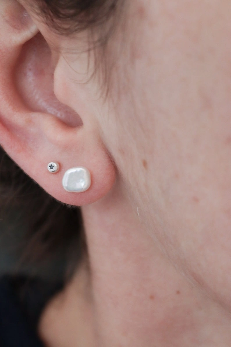 Tiny Recycled Sterling Silver Star Studs: Dainty Dot Earrings - Image 2