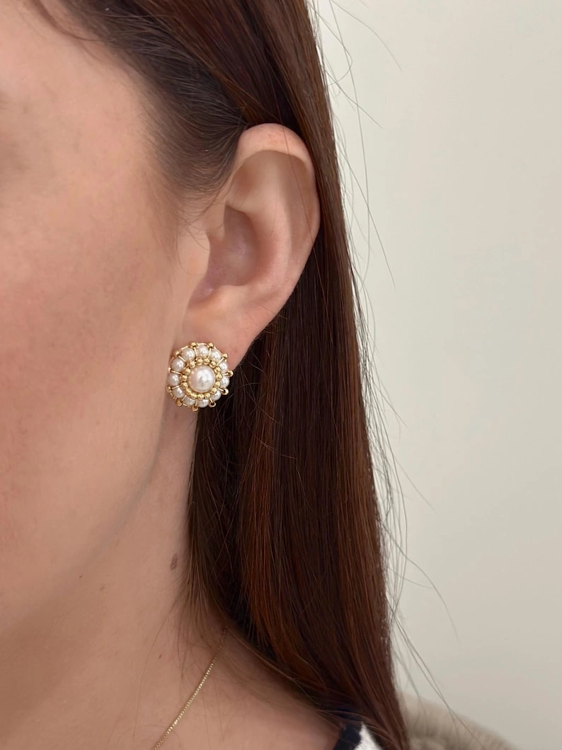 Pearl studs earrings freshwater pearl Handmade White small earrings shell Pearl minimalist studs Bride earrings - Image 3