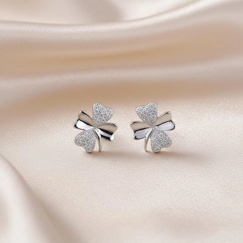 Sterling Silver Clover Stud Earrings, Lucky Four Leaf Design