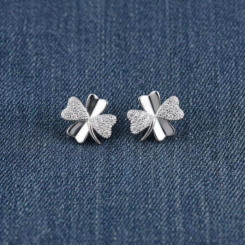 Sterling Silver Clover Stud Earrings, Lucky Four Leaf Design - Image 3