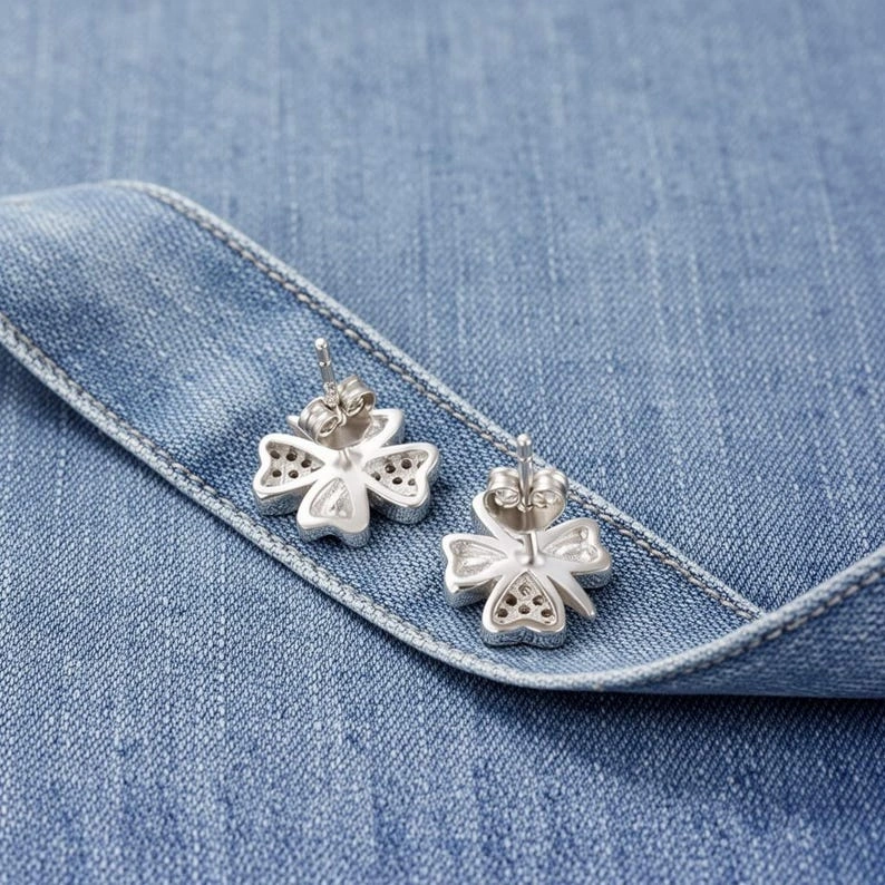 Sterling Silver Clover Stud Earrings, Lucky Four Leaf Design - Image 2