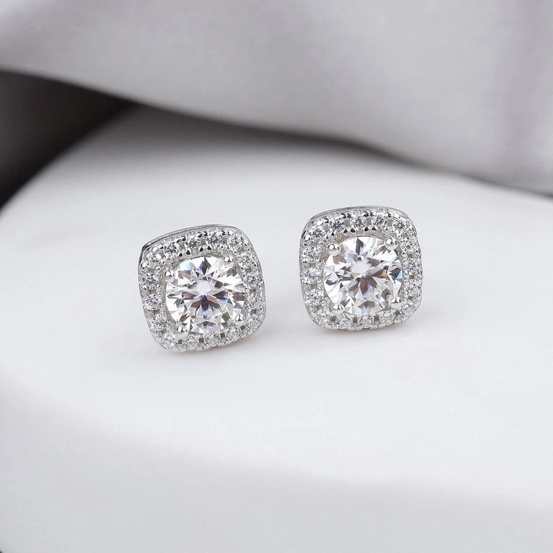 Cushion Halo Moissanite Stud Earrings