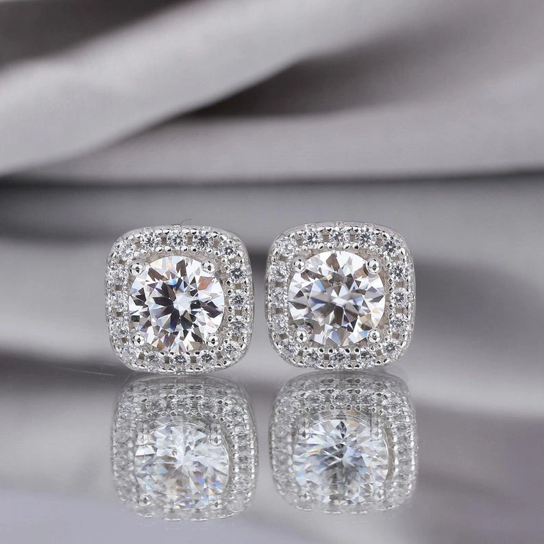 Cushion Halo Moissanite Stud Earrings - Image 4