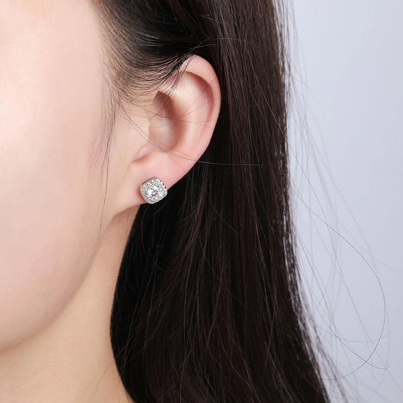 Cushion Halo Moissanite Stud Earrings - Image 3
