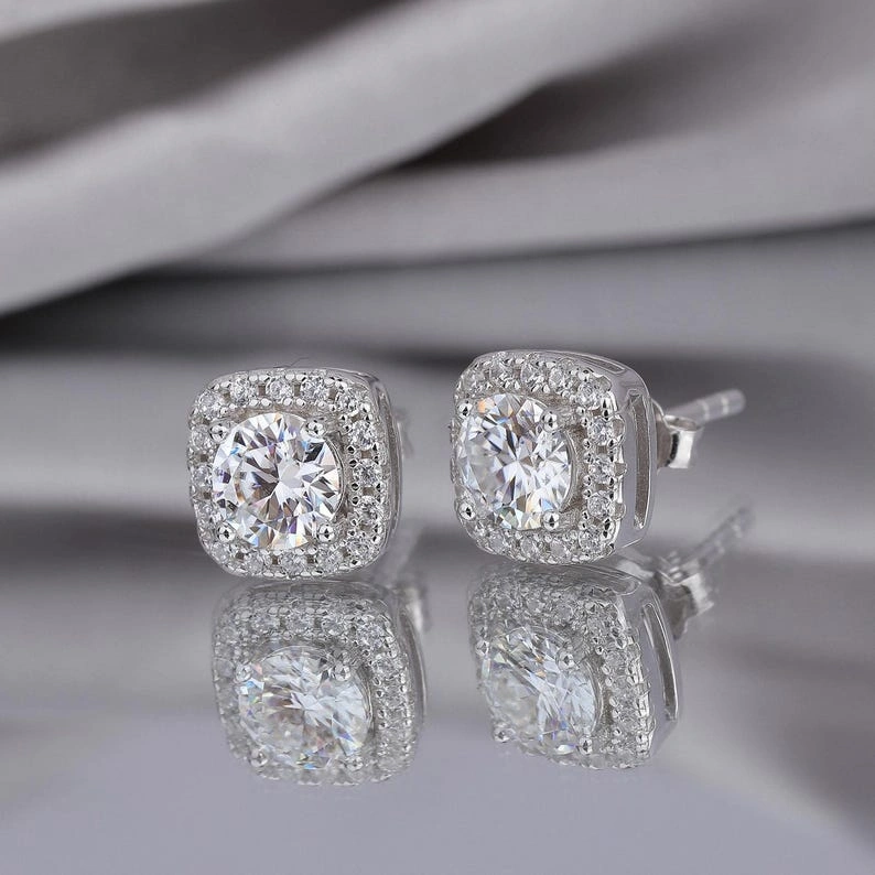 Cushion Halo Moissanite Stud Earrings - Image 2