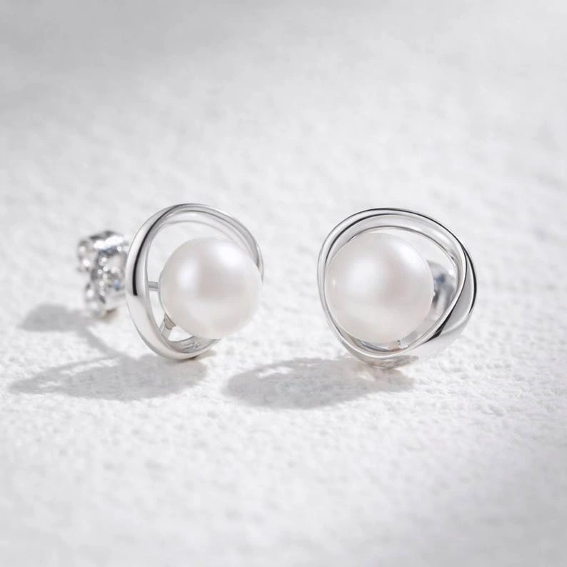 Minimalist Sterling Silver Pearl Stud Earrings - Image 3