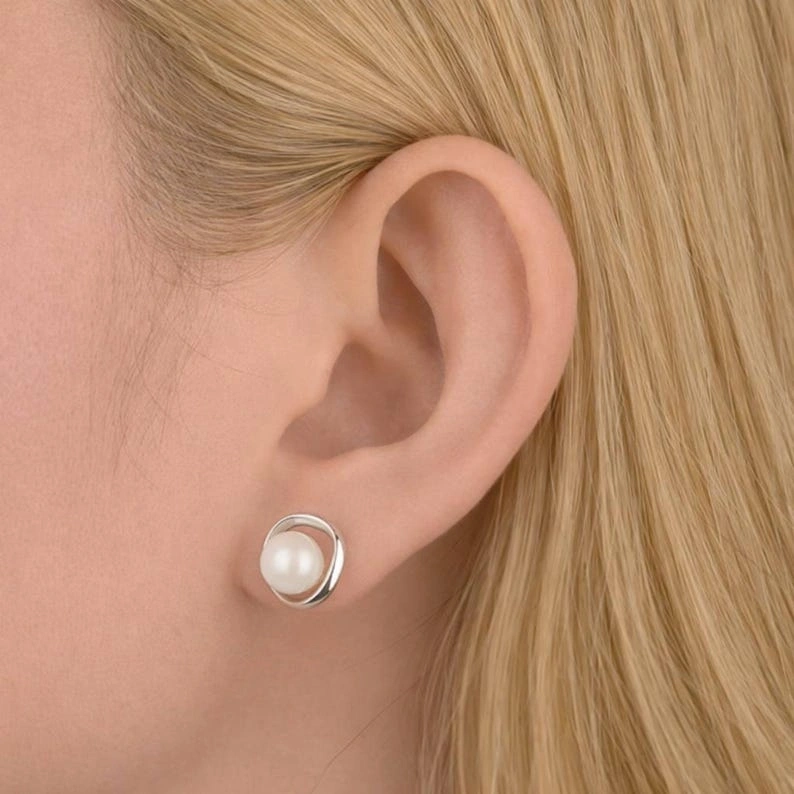 Minimalist Sterling Silver Pearl Stud Earrings - Image 2